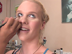 Pregnant slut Missy Woods feels up her tits while getting makeup done