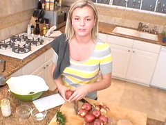 Dirty talk with solo pornstar in reality story in kitchen