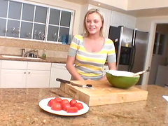 Dirty talk with solo pornstar in reality story in kitchen