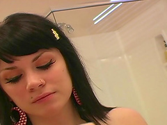 Randy brunette teen in solo movie getting her makeup and hair fixed