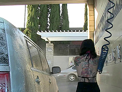 Public car wash play with a curvy babe in a sexy bikini