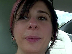 Selfie video in the car shows her natural tits out on the road