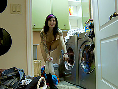 Punk pornstar models her new leopard print dress on laundry day