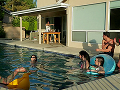 Illicit affair by the pool in summer holidays