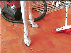 At the end of a long day a maid takes off her shoes and shows her feet