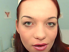 Redhead nurse sucks a dick and makes him ejaculate with her feet