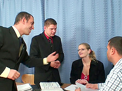 Hardcore gangbang in the office with provocative blonde Alana C