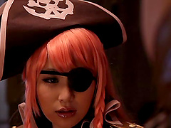 A Japanese babe in a pirate costume sucks a guy and gets a facial