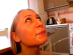 Quickie fucking on the kitchen table with cum on face for Suzanna