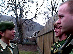 Dirty army lady Dita fucked by two dicks and eats all of the cum