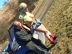 Outdoor fucking between a teen Kamila C with nice tits and an old guy