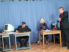 Secretary Olsa drops on her knees to be fucked by three rock hard cocks