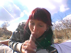 Immaculate redhead enjoys being screwed doggy style outdoors