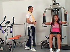 Amateur older guy works out while hot Adriana B gives him a blowjob