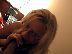 Mature wife Priscilla F with glasses filmed while sucking a rod