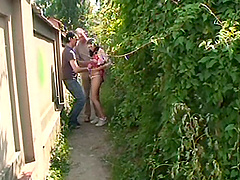 Outdoor threesome fucking with two guys and stunning Lucie