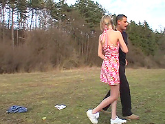 Outdoor pussy poking in the local woods with cum in mouth for Katerina