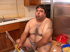 Fat dude eating like a pig and fucking like one too