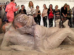 Dirty catfight in a mud pit with horny glamour girls. HD video