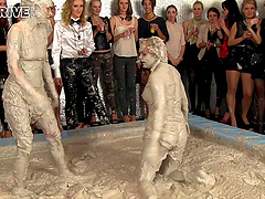 Dirty mud pit fighting with glamour pornstars Jenna and Sheila Coope