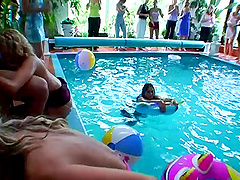 Naked studs getting blowjobs by the pool and fucking female guests
