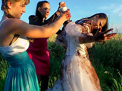 Dirty glamour sluts playing with foor after a wedding day