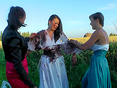 Dirty glamour sluts playing with foor after a wedding day