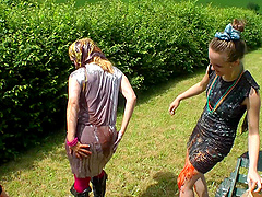 Three dirty girls playing with foor in outdoors and moaning