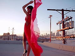 Beautiful chick dancing outdoors during sunset