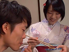 Airi Suzumura wearing a traditional outfit and sucking a cock