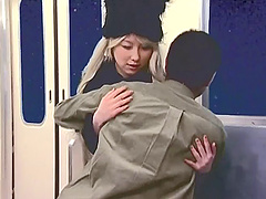 Blonde Japanese girl takes a stiff dick in her mouth and loves it