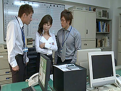 Miyuki Yokayama undressed and fucked by two dudes in the office