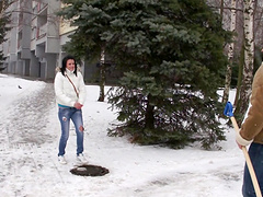 On a cold winter day she warms up by sitting on his dick