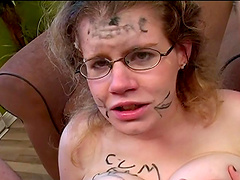 Dirty slut with glasses gets rough mouth gangbanged at home