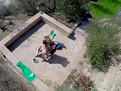 Drone and a POV camera film the girl fucking outdoors