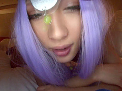 Cunt of a sexy Japanese girl in a purple wig gets fucked