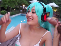 Thrilling Japanese maiden in a sexy bikini engages two gigantic throbbers outdoors