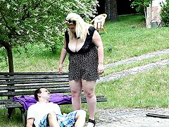 Fatty Rebecca does some naughty things with her fella at a park