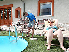 Fat white woman Diana fucked by the pool by her crazy lover