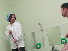 Japanese cleaning lady fucked in the bathroom by a dirty guy