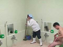 Japanese cleaning lady fucked in the bathroom by a dirty guy