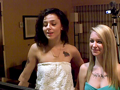 Morning threesome with adorable babes Myrtle & Brie and one dick