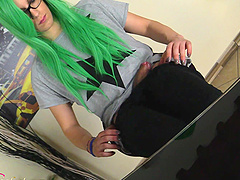 Tranny Irene Aoki wearing a green wig and teasing with her feet