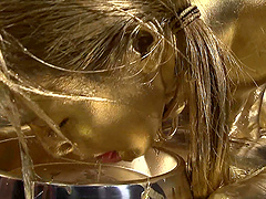 Japanese woman covered in golden paint fucked hard by her partner