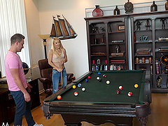 Great sex session on a pool table with blonde Laura Bentley