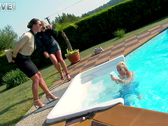 Three extremely sexy ladies having a fantastic poolside groupie