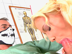 Blonde nurse Bibi Noel seduces a hunk for a nasty sex session