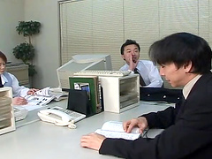 Japanese short haired MILF gets her hairy pussy fucked in the office