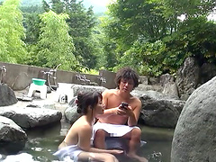 Outdoors fucking in the bath between a lucky guy and a sexy babe