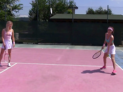 Large lesbian party on the tennis court with Ana Rose and Cayla Lyons